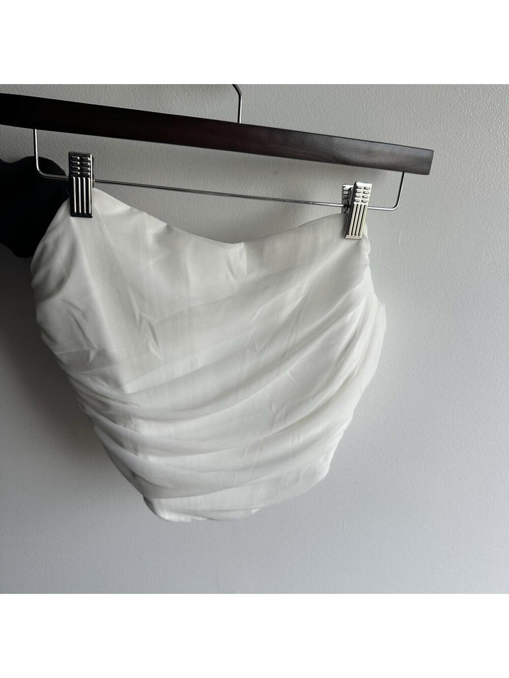 Womens White Ruched Strapless Tube Top Cropped Stretch Zip Back M Bodycon